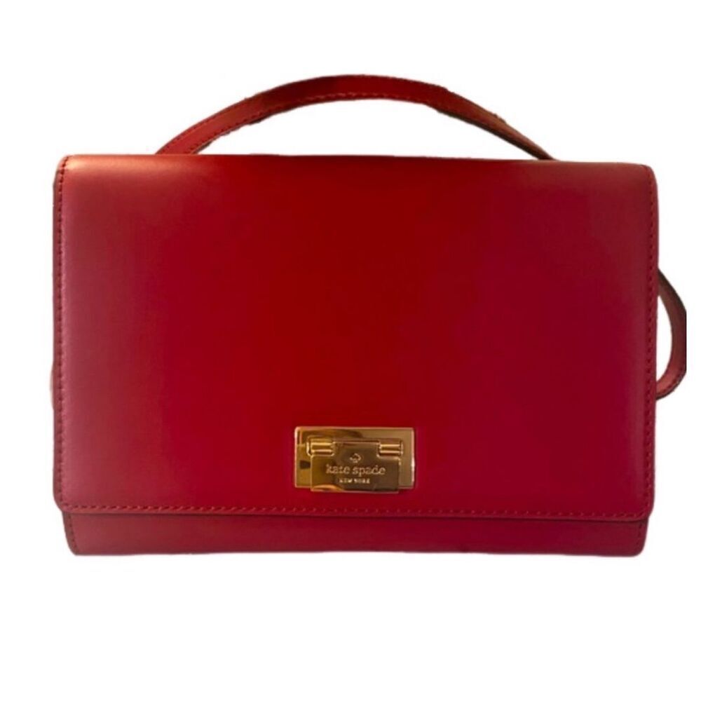 Kate Spade Harwood Place Fiona Crossbody Bag Purse Red Leather Chain Accent Chic